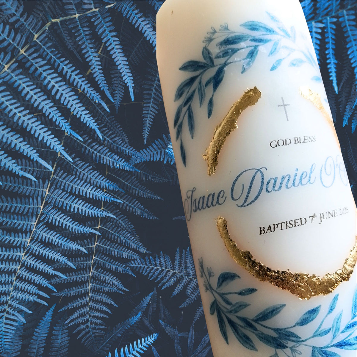 Blue Leaf Design - Baptism Candle