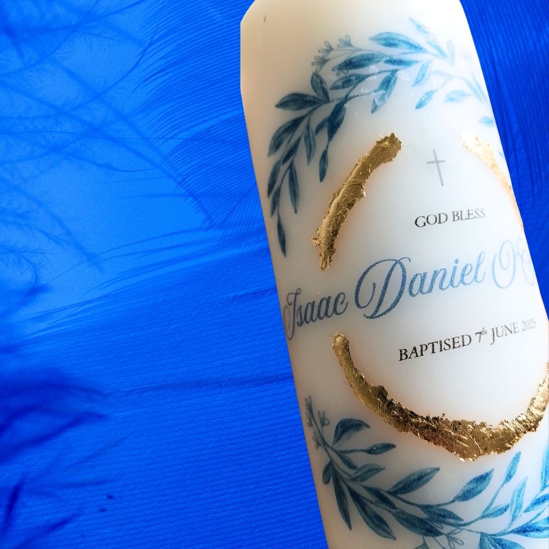 Blue Leaf Design - Baptism Candle
