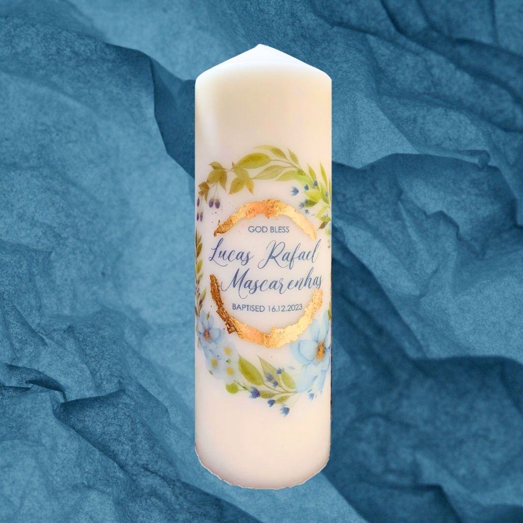 Blue & Green Floral Design - Baptism Candle