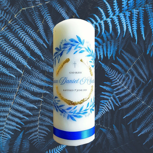 Blue Leaf Design - Baptism Candle