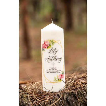 Minimalist Catholic Baptism candle made in Perth. Personalised baptism candle with name and date