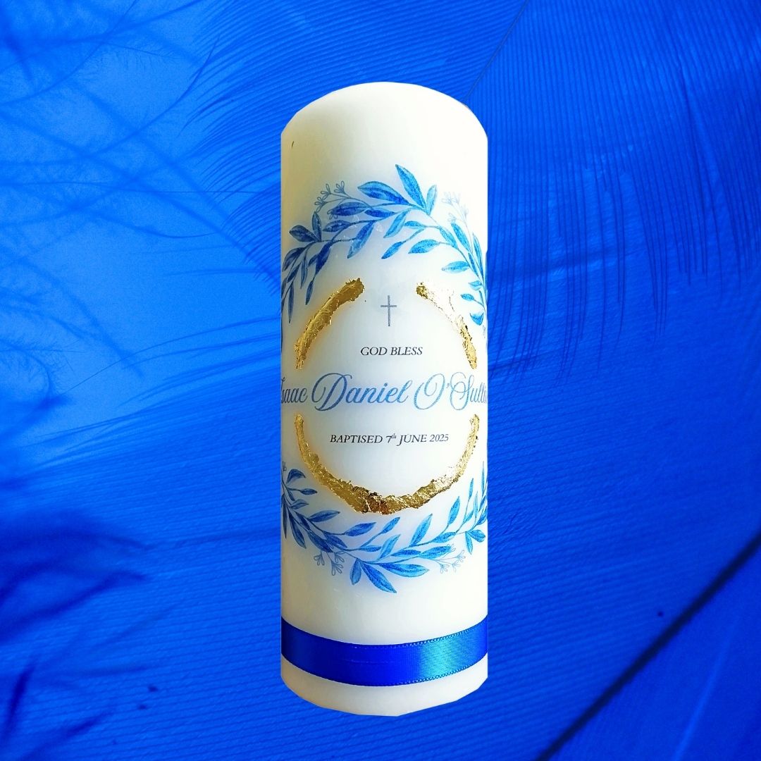 Blue Leaf Design - Baptism Candle