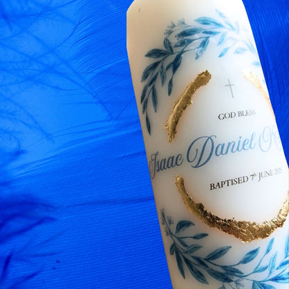 Blue Leaf Design - Baptism Candle
