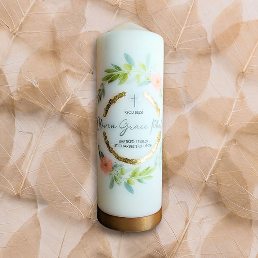 Blush & Green Floral Design - Baptism Candle