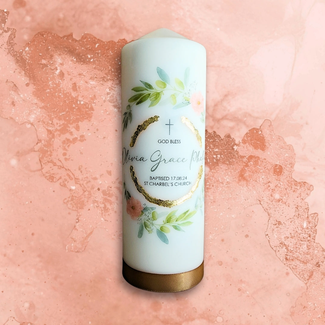 Blush & Green Floral Design - Baptism Candle