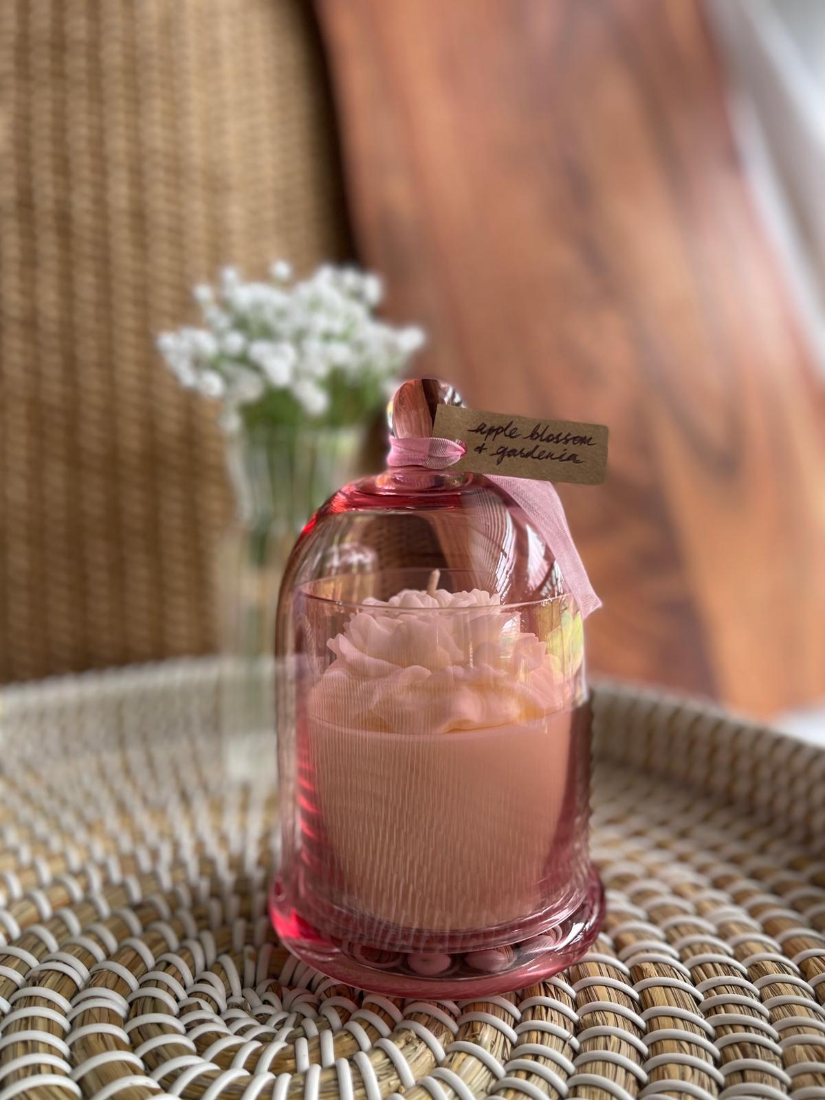Premium Pink Cloche Jar - Apple Blossom & Gardenia Scented Soy Candle