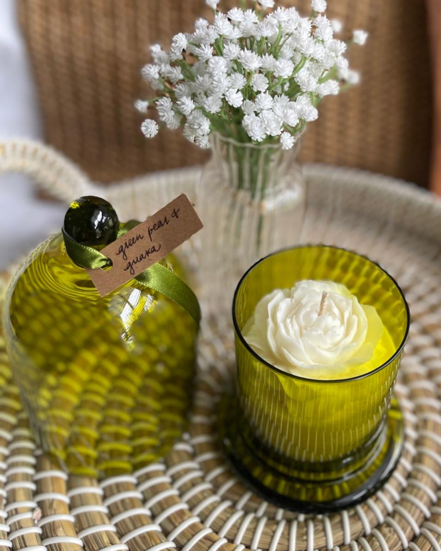 Premium Green Cloche Jar - Green Pear & Guava Scented Soy Candle