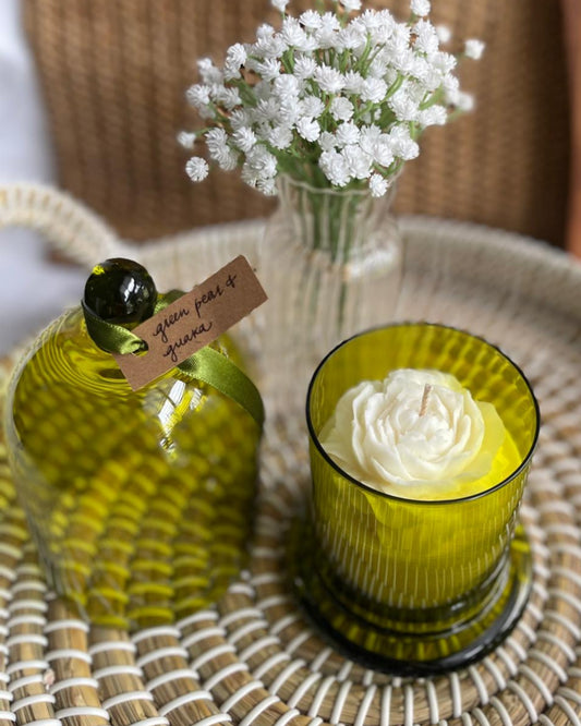 Premium Green Cloche Jar - Green Pear & Guava Scented Soy Candle