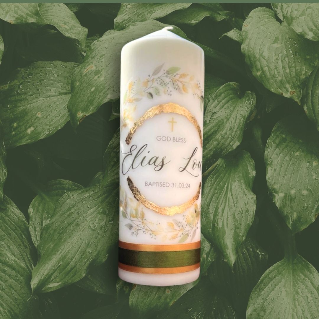 Green & Gold Leaf Design - Baptism Candle