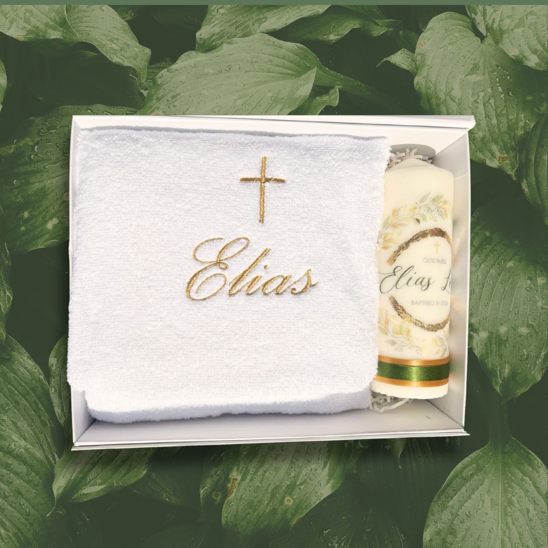 Green & Gold Leaf Design - Baptism Candle