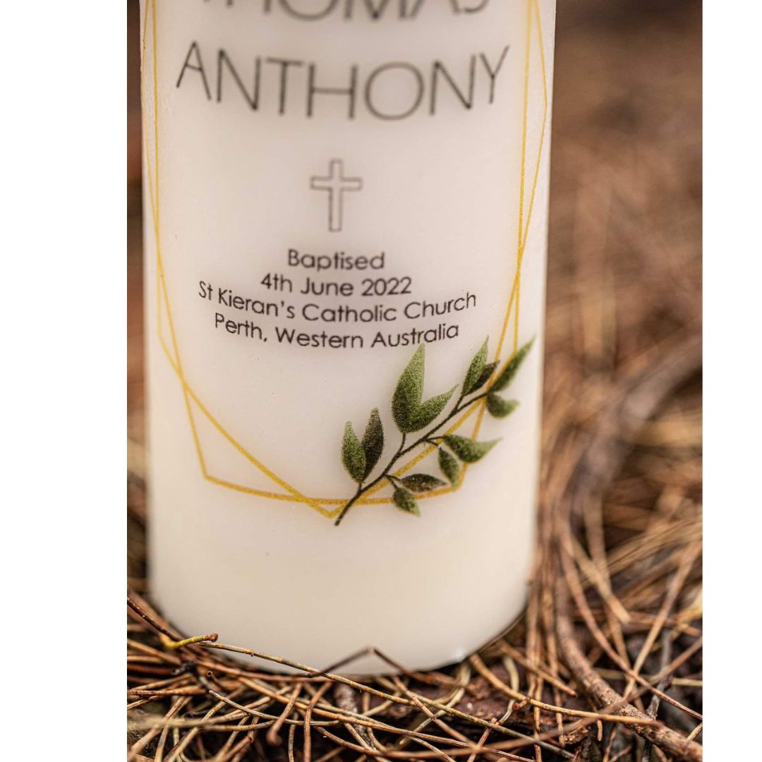 Minimalist Catholic Baptism candle made in Perth. Personalised baptism candle with name and date