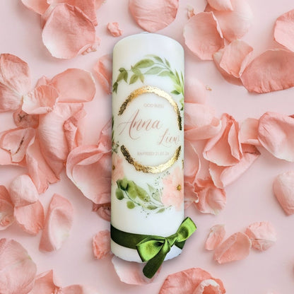 Pink & Green Floral Design - Baptism Candle